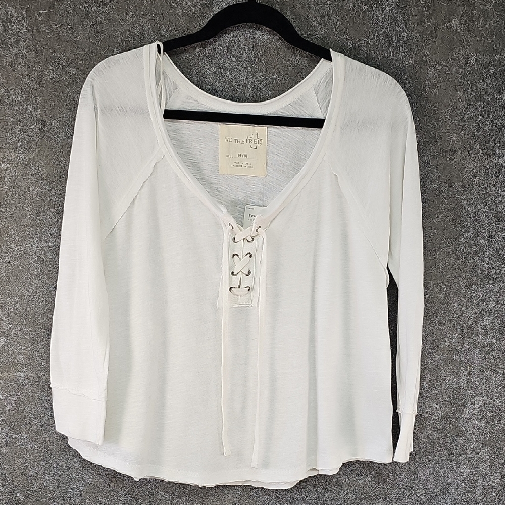 We The Free, Deep V Lace-Up Crop Top, White, Size Medium, NEW